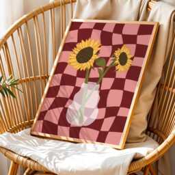 Sunflower Flower Vase Print in Pink & Burgundy Wavy Checkered Unframed Print, Floral Botanical Illustration Poster - thumbnail 2