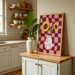 Sunflower Flower Vase Print in Pink & Burgundy Wavy Checkered Unframed Print, Floral Botanical Illustration Poster - thumbnail 3