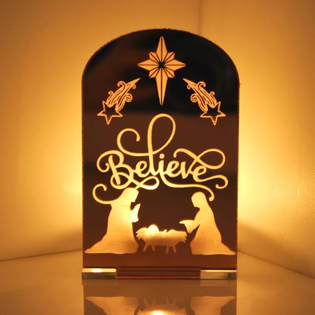 Believe Nativity Scene - Mirror Perspex Tea Light Candle Holder Xmas Decoration Religious - image 1
