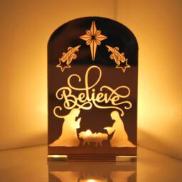 Believe Nativity Scene - Mirror Perspex Tea Light Candle Holder Xmas Decoration Religious - thumbnail 1