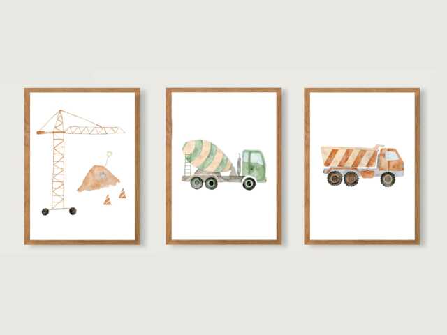 Construction Site Poster Set A4 - Print Children's Nursery Child Baby Illustration Excavator Dump Truck Vehicles -- Herz & Papier - image 1