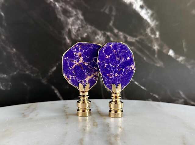 Ultra Violet Lamp Finials in Gold Gilded Sea Sediment Jasper On Shiny Brass Hardware - A Matching Pair - image 1