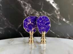 Ultra Violet Lamp Finials in Gold Gilded Sea Sediment Jasper On Shiny Brass Hardware - A Matching Pair - thumbnail 1