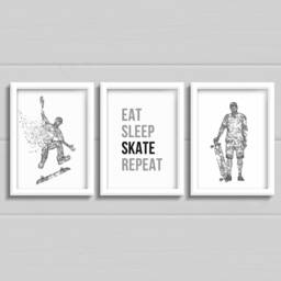 Skateboarding Prints For Boys Room, Eat Sleep Skate Repeat Wall Art, Set Of 3 Teen Bedroom Decor, Gift Skateboard Fan, Black & White - thumbnail 3