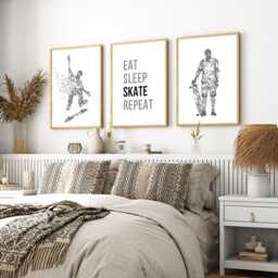 Skateboarding Prints For Boys Room, Eat Sleep Skate Repeat Wall Art, Set Of 3 Teen Bedroom Decor, Gift Skateboard Fan, Black & White - thumbnail 1