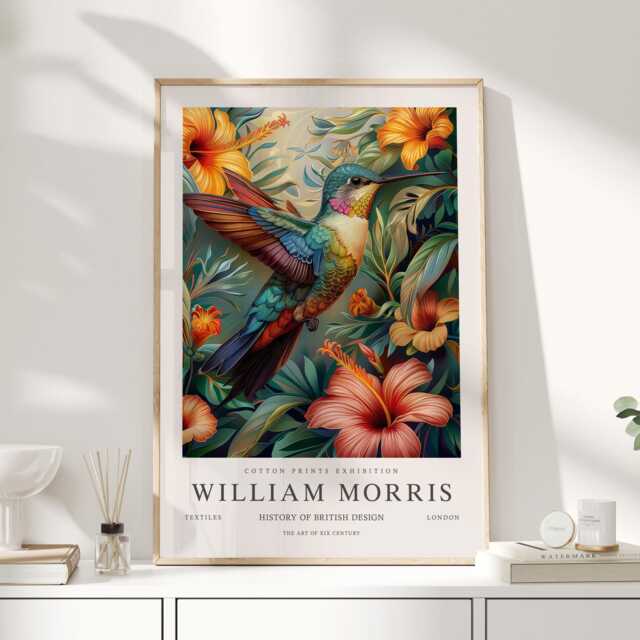 William Morris Print, Art, Exhibition Poster, Birds Morris, Blue, Hummingbird, Art Wall - image 1