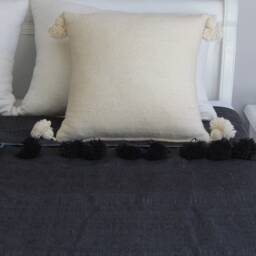 Dark Gray With Navy Blue Weft Moroccan Pompom Throw Braided Tassels Hand Loomed For Eclectic, Bohemian & Berber Decoration - thumbnail 3