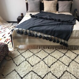 Dark Gray With Navy Blue Weft Moroccan Pompom Throw Braided Tassels Hand Loomed For Eclectic, Bohemian & Berber Decoration - thumbnail 2