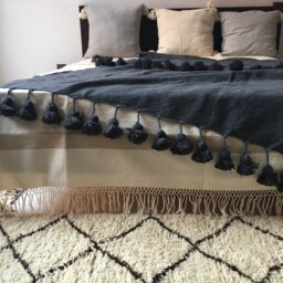 Dark Gray With Navy Blue Weft Moroccan Pompom Throw Braided Tassels Hand Loomed For Eclectic, Bohemian & Berber Decoration