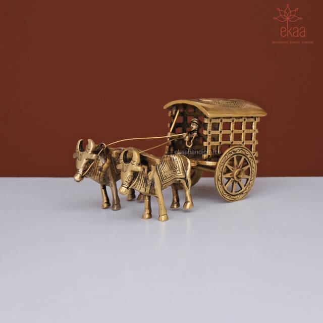 Vintage Brass Bullock Cart Showpiece, Indian Home Decor - image 1