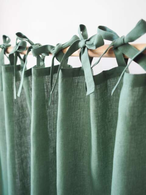 Green Tie Top Curtain Panel With Ribbons. Medium Linen - 160 G/M2 - 1 Pcs - image 1