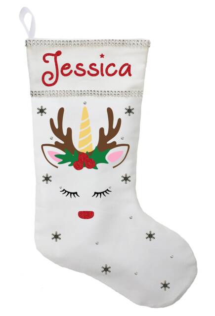 Personalized Unicorn Reindeer Christmas Stocking Handmade Cotton Holiday Decor - image 1