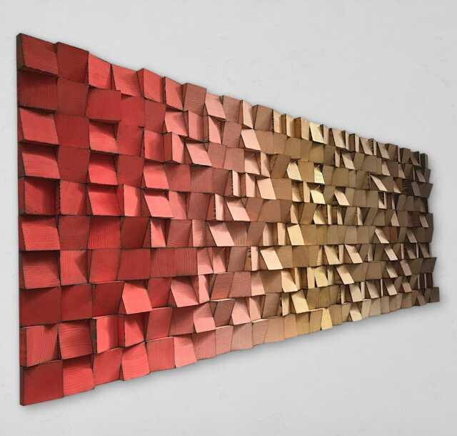 Wood Wall Art - Handmade Sound Diffuser Red Gold Brown Decor - image 1