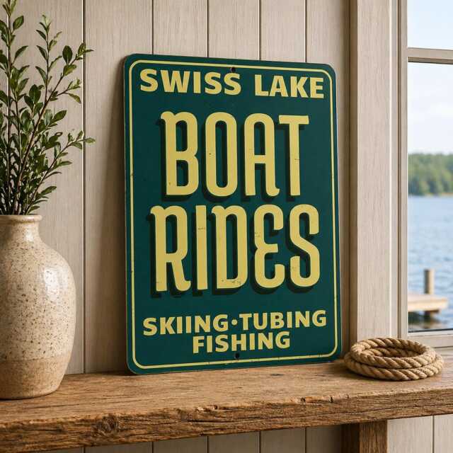 Swiss Lake Boat Rides Metal Sign, House Decor, Boating Fishing Cabin Wall Art, Nautical Skiing Tubing Sign - image 1