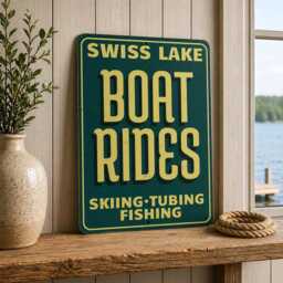 Swiss Lake Boat Rides Metal Sign, House Decor, Boating Fishing Cabin Wall Art, Nautical Skiing Tubing Sign - thumbnail 1
