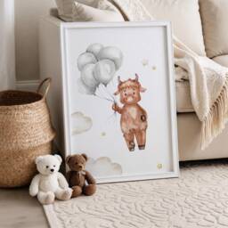 Highland Cow Nursery Print, Decor, Gift, Kids Farm Bedroom Watercolor Digital Set Of Three - thumbnail 1