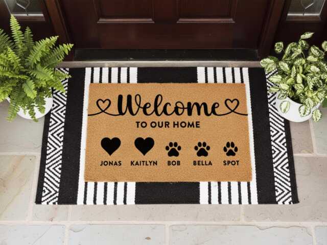 Welcome To Our Home Doormat - Heart & Paws Custom Mat Entryway Housewarming Gift - image 1