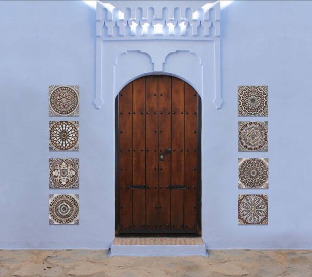 8 Hand-Painted Ceramic Tiles Ethnic Mandala Wall Art, Matt Brown - 30cm/11.8 - image 1