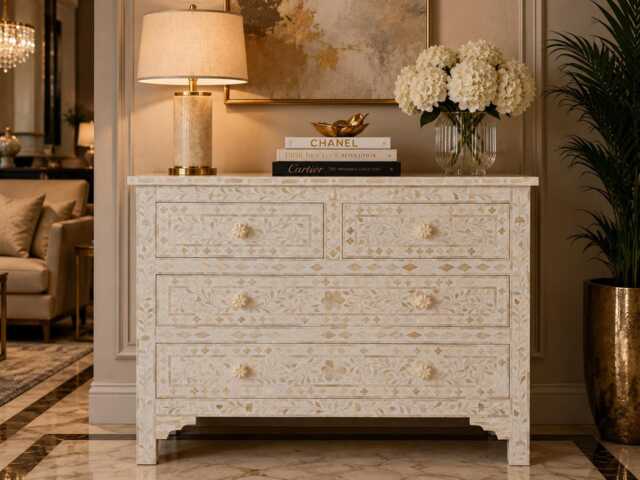 Designer Bone Inlay White Floral Pattern Chest Of 4 Drawers - image 1