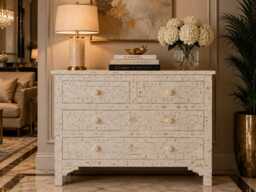 Designer Bone Inlay White Floral Pattern Chest Of 4 Drawers - thumbnail 1