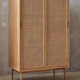 Solid Wood Wardrobe With Rattan, Rattan Oak Wardrobe, Modern 2-Door Wooden Solid Two Doors, Nordic Style - thumbnail 3