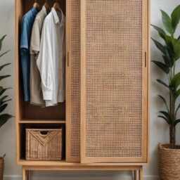 Solid Wood Wardrobe With Rattan, Rattan Oak Wardrobe, Modern 2-Door Wooden Solid Two Doors, Nordic Style - thumbnail 2