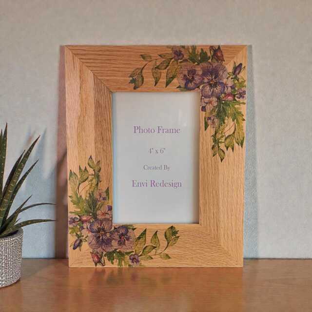 Purple Pansy, Oak Photo Frame, Floral Wooden Picture 4x6 - image 1