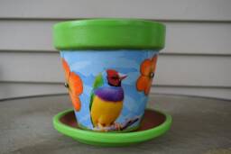 Up-Cycled Exotic Tropical Bird Decorative Decoupage Flower Pot & Saucer - thumbnail 1