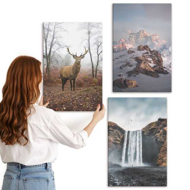 Canvas Set Of 3 - Natural Wild Landscapes Mountains Deer & Waterfalls, Gray Wall Art Large, Hanging Piece - image 1