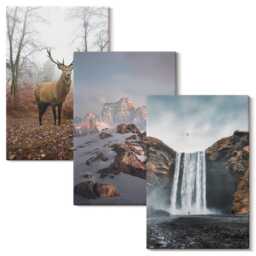 Canvas Set Of 3 - Natural Wild Landscapes Mountains Deer & Waterfalls, Gray Wall Art Large, Hanging Piece - thumbnail 2