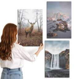 Canvas Set Of 3 - Natural Wild Landscapes Mountains Deer & Waterfalls, Gray Wall Art Large, Hanging Piece - thumbnail 1