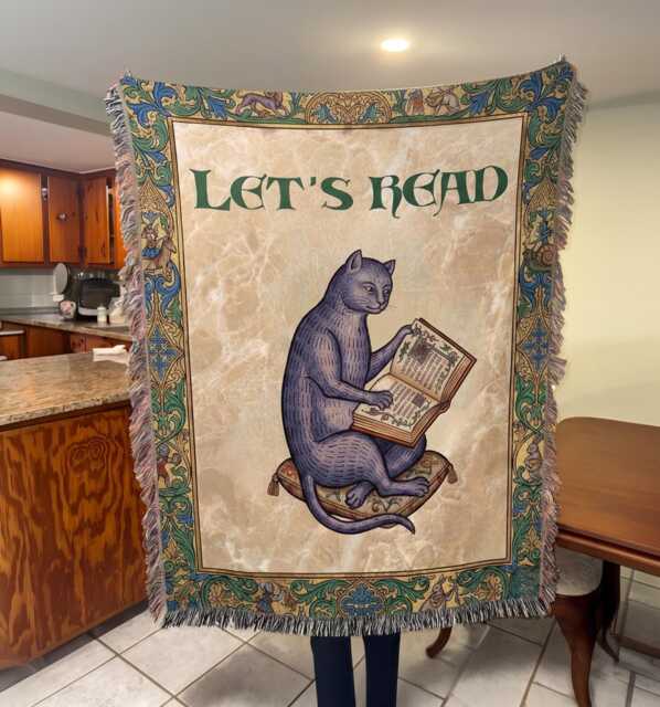 Medieval Cat Reading Woven Throw Blanket, A Book, Fantasy Book Lover - image 1
