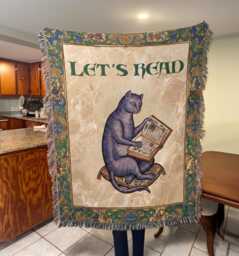 Medieval Cat Reading Woven Throw Blanket, A Book, Fantasy Book Lover