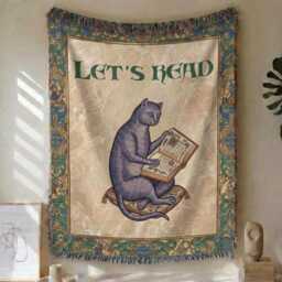 Medieval Cat Reading Woven Throw Blanket, A Book, Fantasy Book Lover - thumbnail 2
