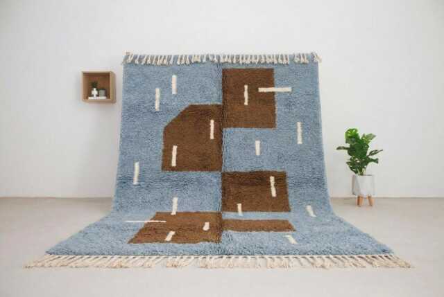 Moroccan Rug Blue Brown Abstract - Beni Ourain Steel Geometric Blocks - image 1