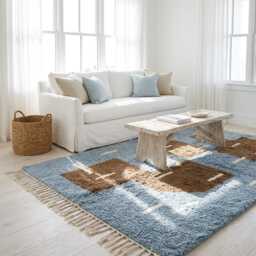 Moroccan Rug Blue Brown Abstract - Beni Ourain Steel Geometric Blocks - thumbnail 4
