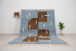 Moroccan Rug Blue Brown Abstract - Beni Ourain Steel Geometric Blocks - thumbnail 1