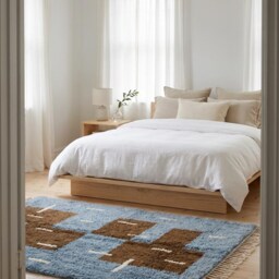 Moroccan Rug Blue Brown Abstract - Beni Ourain Steel Geometric Blocks - thumbnail 2