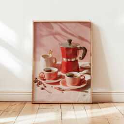 Coffee Bar Wall Art Print, Italian Moka Pot Poster, Pink Espresso Kitchen Decor, Vintage Breakfast Illustration, Digital Cafe Design - thumbnail 1
