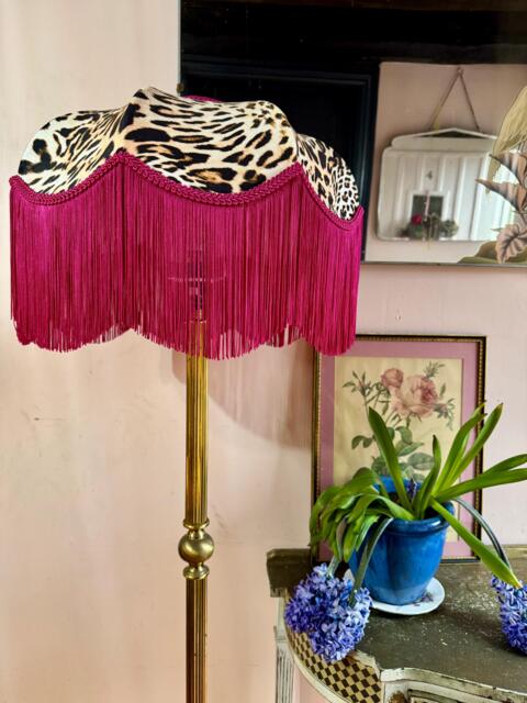 Handmade Leopard Print Velvet Lampshade, Hot Pink Fringe, Art Deco, Size 16 - image 1