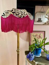Handmade Leopard Print Velvet Lampshade, Hot Pink Fringe, Art Deco, Size 16 - thumbnail 1