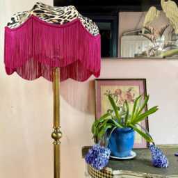 Handmade Leopard Print Velvet Lampshade, Hot Pink Fringe, Art Deco, Size 16 - thumbnail 3