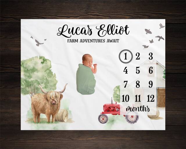 Highland Cow Farm Milestone Blanket, Monthly Growth Tracker, Personalized Custom Baby Shower Gift, Boy Photos - image 1