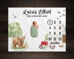 Highland Cow Farm Milestone Blanket, Monthly Growth Tracker, Personalized Custom Baby Shower Gift, Boy Photos - thumbnail 1
