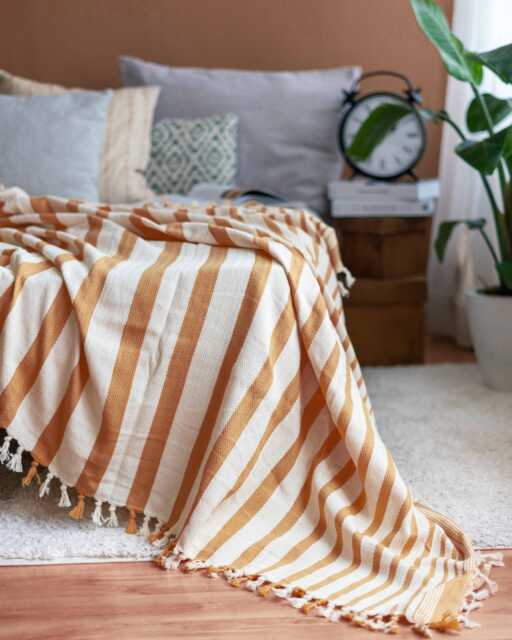Soft Cotton Throw Blanket, Organic Bedspread Queen, Full Bed Cover, Striped Housewarming Gift, King Coverlet, Golden Brown - image 1