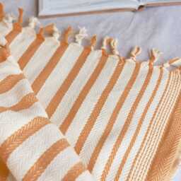 Soft Cotton Throw Blanket, Organic Bedspread Queen, Full Bed Cover, Striped Housewarming Gift, King Coverlet, Golden Brown - thumbnail 3