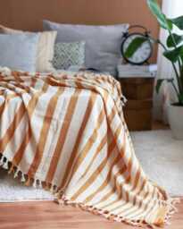 Soft Cotton Throw Blanket, Organic Bedspread Queen, Full Bed Cover, Striped Housewarming Gift, King Coverlet, Golden Brown - thumbnail 1