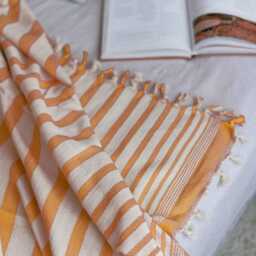 Soft Cotton Throw Blanket, Organic Bedspread Queen, Full Bed Cover, Striped Housewarming Gift, King Coverlet, Golden Brown - thumbnail 2