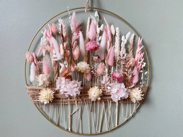 Sweet Pink & White Dried Flower Wall Decor - Nursery & Kids' Room Boho Floral Hoop Handmade Romantic Home Decoration - image 1