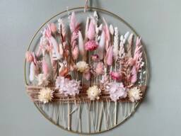 Sweet Pink & White Dried Flower Wall Decor - Nursery & Kids' Room Boho Floral Hoop Handmade Romantic Home Decoration - thumbnail 1